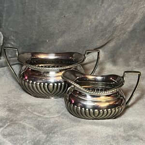 Vintage Bell Mark Silverplate Sugar Creamer Set Art Deco Ribbed Tea Service
